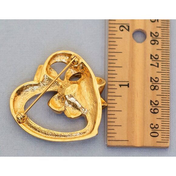 Vintage Art Nouveau Heart Blue Love Rhinestone Ribbon Heart Brooch - C3 - Picture 2 of 2